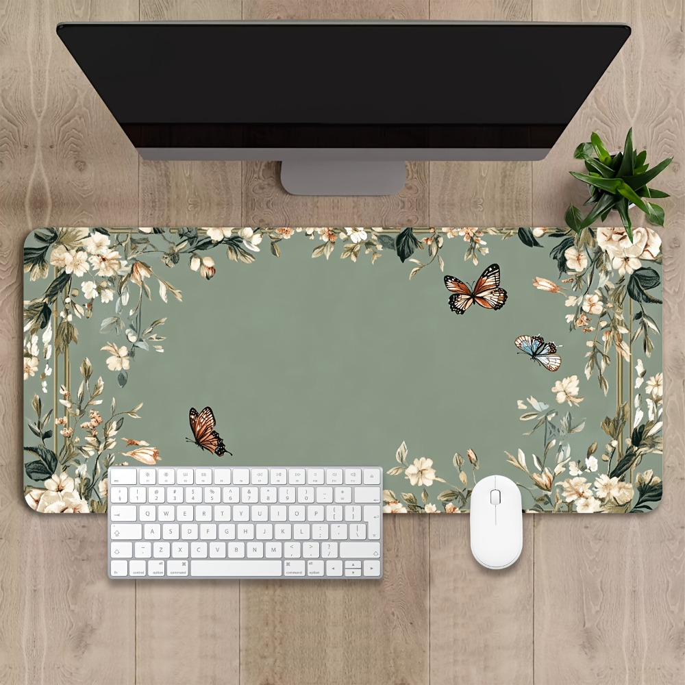 Desk Setup Art - Kelebek desenli ve yeşil çiçek desenli